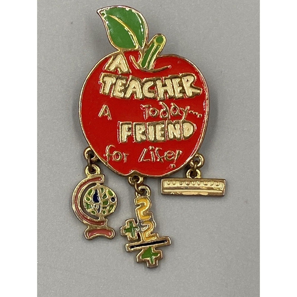 Vintage Teacher Friend For Life Gold‎ Red Enamel Apple Lapel Pin Brooch